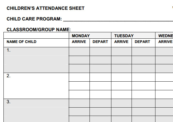 childrens attendence sheet